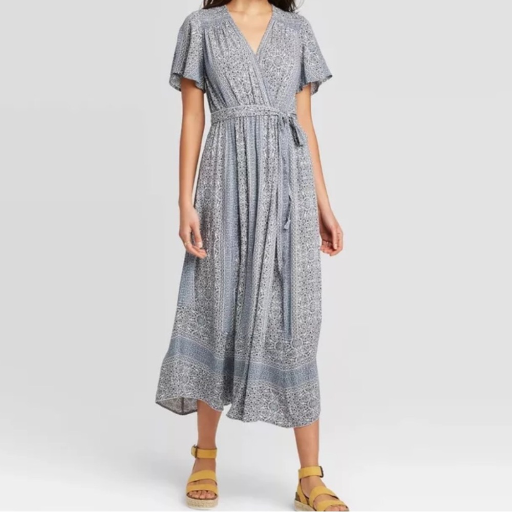 Knox Rose Blue Floral Maxi Wrap Dress Tie Waist